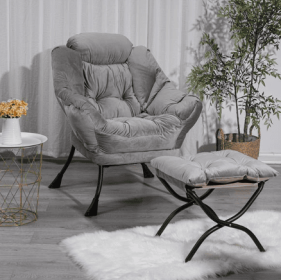 Living Room Chair Modern Cotton Fabric Lazy Chair With Armrests And Side Pockets - Light Grey With Ottoman