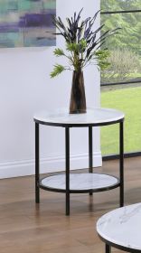 1pc Modern Round Faux Marble End Table with Storage Shelf Black Finish Living Room Wooden Furniture