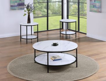 3pc Modern Cocktail Set 1x Round Coffee Table and 2x End Table Black Finish Living Room Wooden Furniture