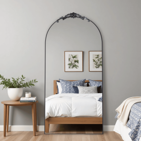 Wooden arched black full-length mirror  with stand. wall mirror, bathroom makeup mirror, bedroom foyer, clothing store, wall mounted. 71 "* 31"