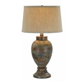 30 Inch Hydrocal Table Lamp, Drum Shade, Classic Urn Base, Brown and Blue