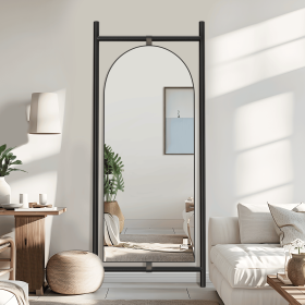 75"*31"Arched Full Length Mirror with Stand Solid Wooden Framed Floor Mirror Black Full Body Mirror for Living Room, Bedroom