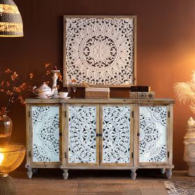 4-Door Hollow-Carved Accent Cabinet, Distressed Wood Storage Cabinet Cupboard with Adjustable Shelves,Unique Design for Kitchen, Dining Room