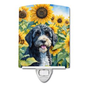 NEW Portuguese Water Dog in Sunflowers Ceramic Night Light Compact, UL-Certified, Ideal for Bedroom, Bathroom, Nursery, Hallway, Kitchen, 6x4x3