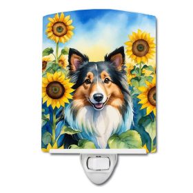 NEW Sheltie in Sunflowers Ceramic Night Light Compact, UL-Certified, Ideal for Bedroom, Bathroom, Nursery, Hallway, Kitchen, 6x4x3, Multicolor