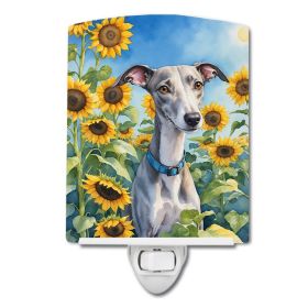 NEW Whippet in Sunflowers Ceramic Night Light Compact, UL-Certified, Ideal for Bedroom, Bathroom, Nursery, Hallway, Kitchen, 6x4x3, Multicolor