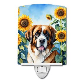 NEW Saint Bernard in Sunflowers Ceramic Night Light Compact, UL-Certified, Ideal for Bedroom, Bathroom, Nursery, Hallway, Kitchen, 6x4x3, Multicolor