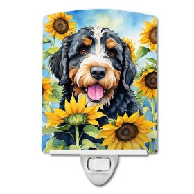 NEW Bernedoodle in Sunflowers Ceramic Night Light Compact, UL-Certified, Ideal for Bedroom, Bathroom, Nursery, Hallway, Kitchen, 6x4x3, Multicolor