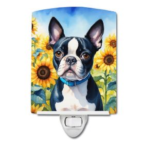 NEW Boston Terrier in Sunflowers Ceramic Night Light Compact, UL-Certified, Ideal for Bedroom, Bathroom, Nursery, Hallway, Kitchen, 6x4x3, Multicolor