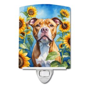 NEW Pit Bull Terrier in Sunflowers Ceramic Night Light Compact, UL-Certified, Ideal for Bedroom, Bathroom, Nursery, Hallway, Kitchen, 6x4x3