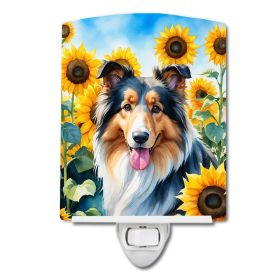 NEW Collie in Sunflowers Ceramic Night Light Compact, UL-Certified, Ideal for Bedroom, Bathroom, Nursery, Hallway, Kitchen, 6x4x3, Multicolor