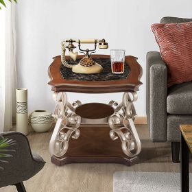 End table, marble paper top, MDF with brich middle shelf, powder coat finish metal legs. (26.2"Lx26.2"Wx24"H)