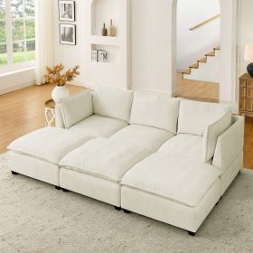 Comfy Cloud Couch Sectional 3 Seat Sofa with 2 Ottoman, Chenille Sofa Sleeper Deep Seat Sofa with Throw Pillows for Living Room(Beige White)