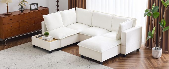 90" U-shaped Sectional Sofa Modular Sofa Couch with a Movable Ottoman , a Coffee Table with Hidden Charging Devices for Living Room, White