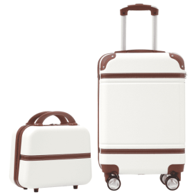 20 IN Hardside Luggage With Cosmetic Case , 2 Piece Lightweight Suitcase Set With Spinner Wheels, Carry On Vintage Luggage,White