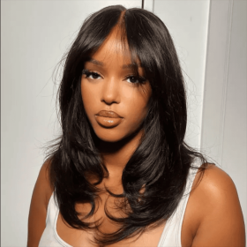 Wholesale Pre Cut 9x6 Lace Wavy Layer Cut Non Glue Wig With Curtain Bangs Black Female Human Hair Wig (Option: 9X6-14inches)