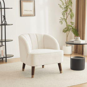 Upholstered Barrel Accent Chair With Wooden Legs (Color: White)