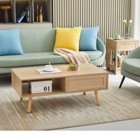 41.34" Rattan Coffee table, sliding door for storage, solid wood legs, Modern table for living room (Color: Natural)