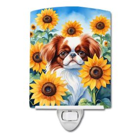 NEW Japanese Chin in Sunflowers Ceramic Night Light Compact, UL-Certified, Ideal for Bedroom, Bathroom, Nursery, Hallway, Kitchen, 6x4x3, Multico (Default: Default)