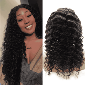 High Density 13x4 Sheer Lace Front Wig Deep Wavy Kink Texture Cut One Donor Indian Hair  No Shedding (Option: Black-32inches)